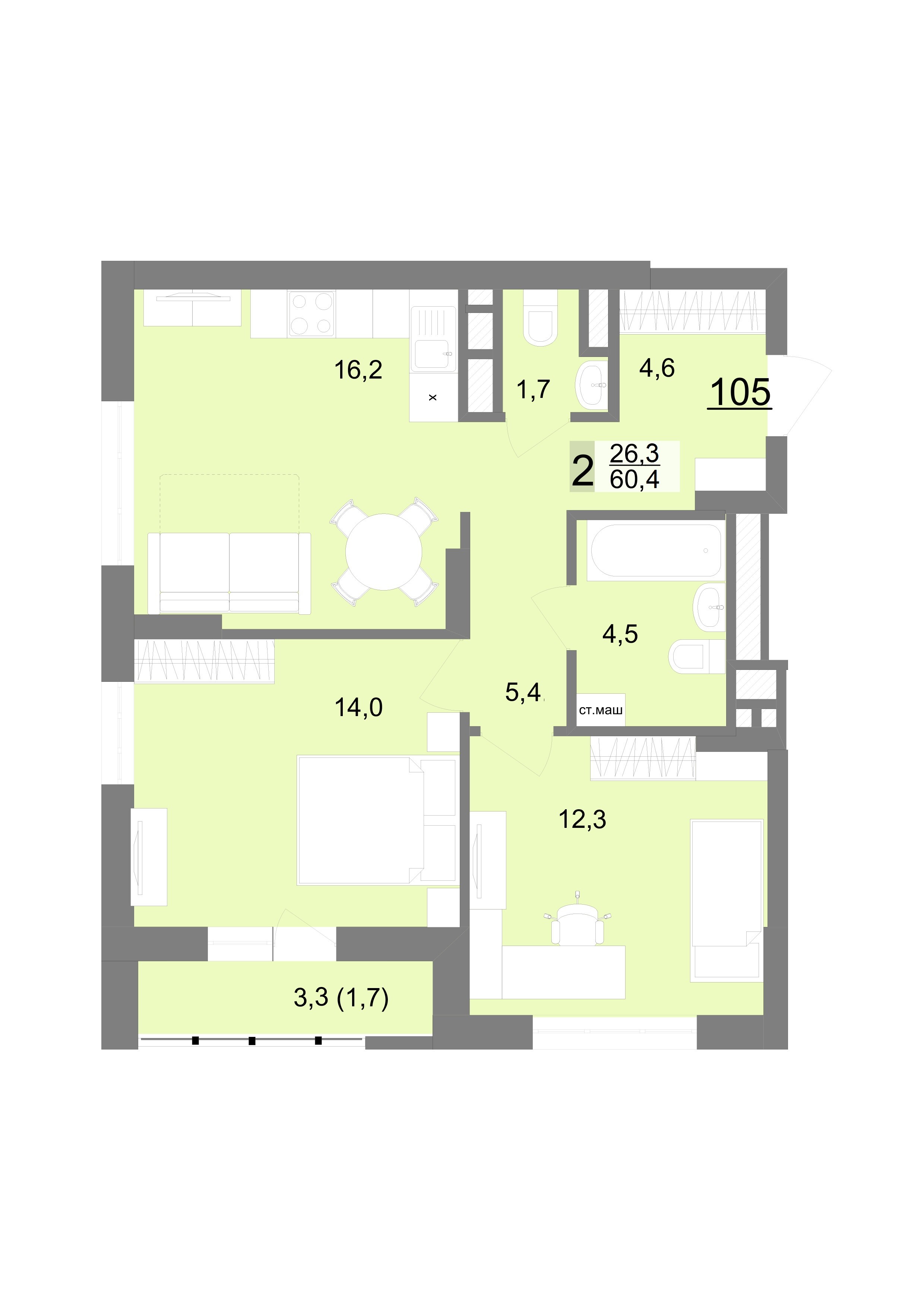2 к. квартира, ЖК «Шаумяна 77», ул. Шаумяна, д. 77,  кв. 105, пд.1, эт. 16/23, 60,4 м², 12 300 000 ₽, 203 642 ₽/м²