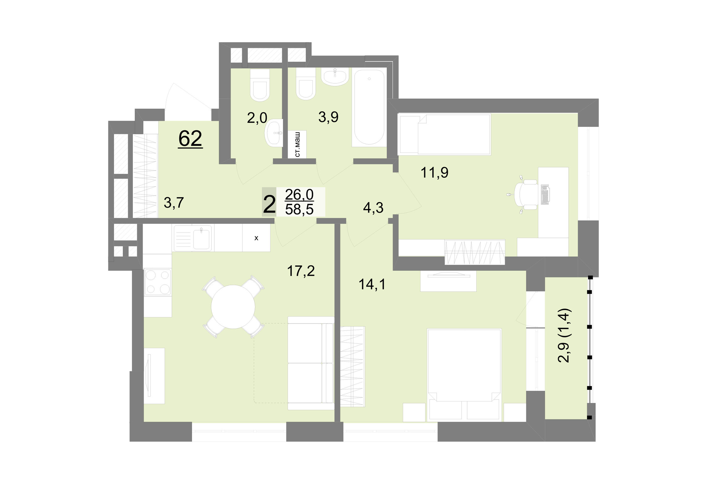 2 к. квартира, ЖК «Шаумяна 77», ул. Шаумяна, д. 77,  кв. 62, пд.1, эт. 10/23, 58,5 м², 12 323 113 ₽, 210 652 ₽/м²