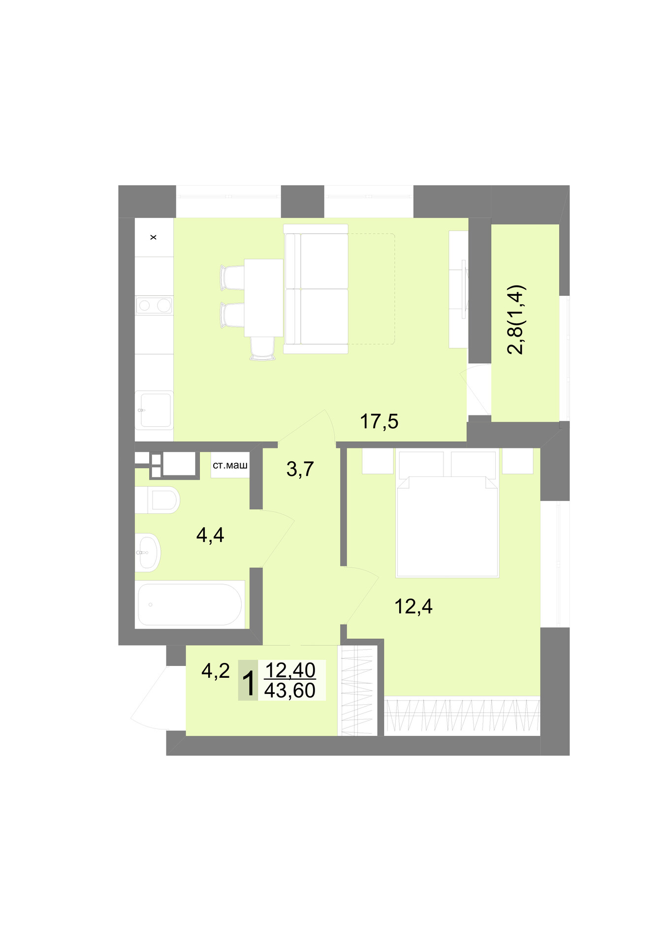 1 к. квартира, ЖК «Белый парус» 3 очередь, ул. Татищева, д. 104,  кв. 294, пд.5, эт. 8/17, 43,8 м², 10 837 600 ₽, 247 434 ₽/м²