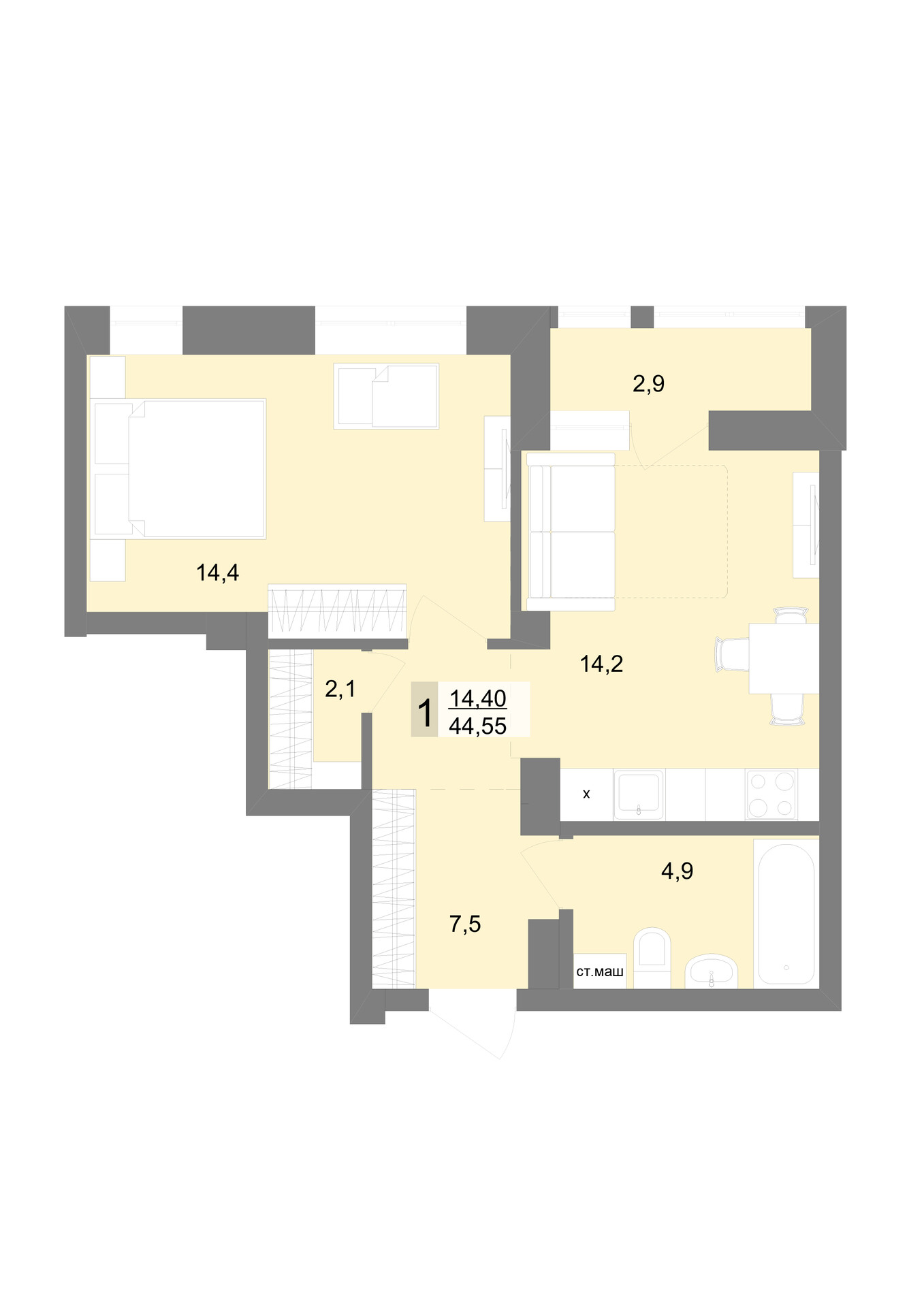 1 к. квартира, ЖК «Даблхаус 1:1», ул. Репина, д. 24,  кв. 60, пд.1, эт. 8/30, 45 м², 10 400 000 ₽, 231 111 ₽/м²
