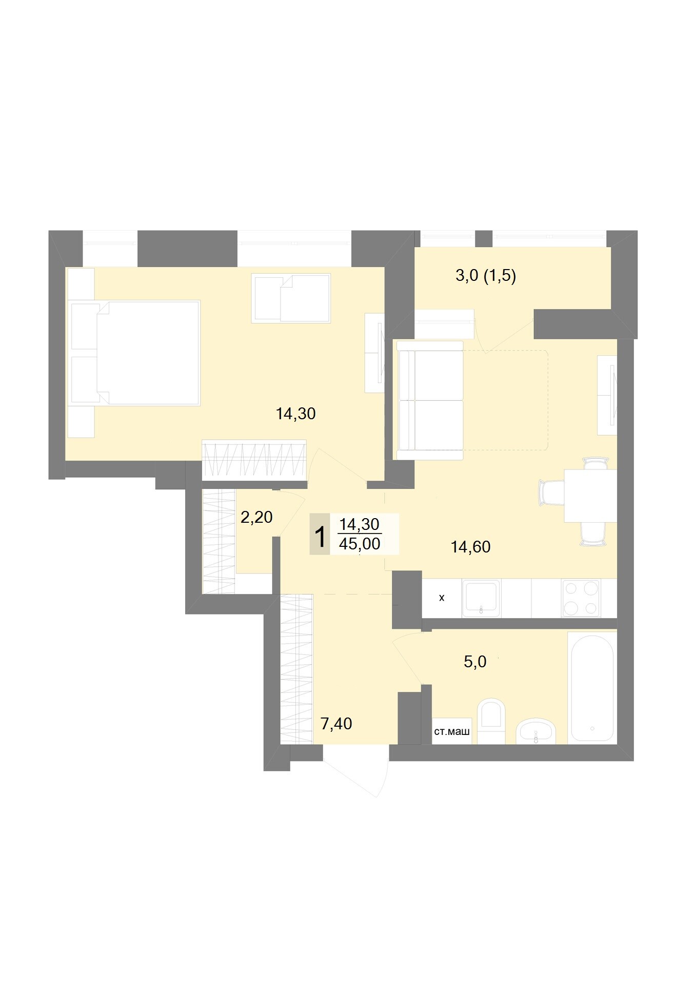 1 к. квартира, ЖК «Даблхаус 1:1», ул. Репина, д. 24,  кв. 60, пд.1, эт. 8/30, 45 м², 10 500 000 ₽, 233 333 ₽/м²