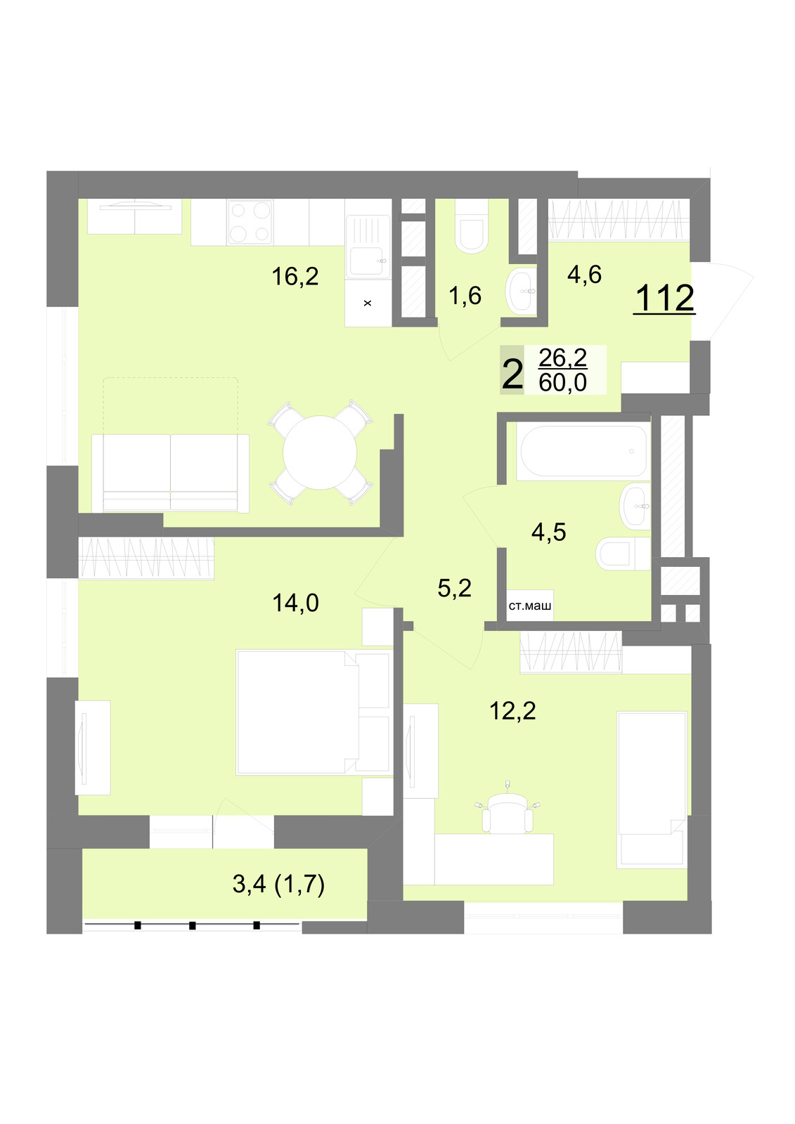 2 к. квартира, ЖК «Шаумяна 77», ул. Шаумяна, д. 77,  кв. 112, пд.1, эт. 17/23, 60,3 м², 12 300 000 ₽, 203 980 ₽/м²