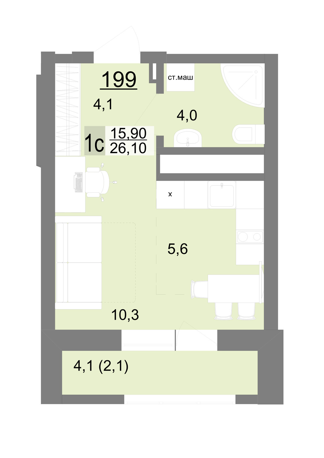 1 к. квартира (студия), ЖК «Новый ВИЗ» 2 очередь, ул. Металлургов, д. 63/5,  кв. 199, пд.2, эт. 24/26, 25,9 м², 5 720 000 ₽, 220 849 ₽/м²