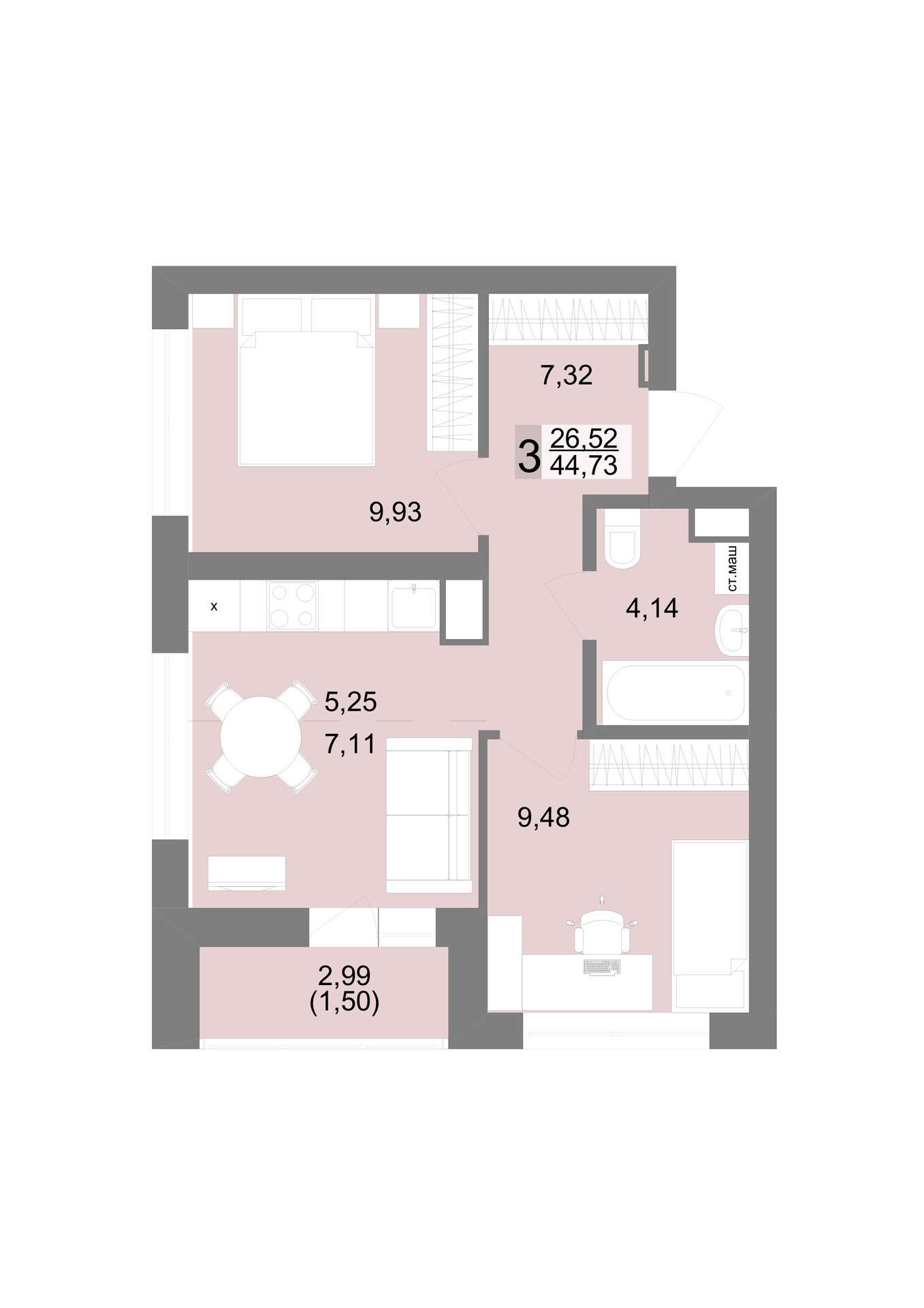 3 к. квартира, ЖК «Новация», ул. Краснофлотцев, д. 40/2,  кв. 344, пд.1, эт. 25/27, 47,5 м², 9 299 338 ₽, 195 776 ₽/м²