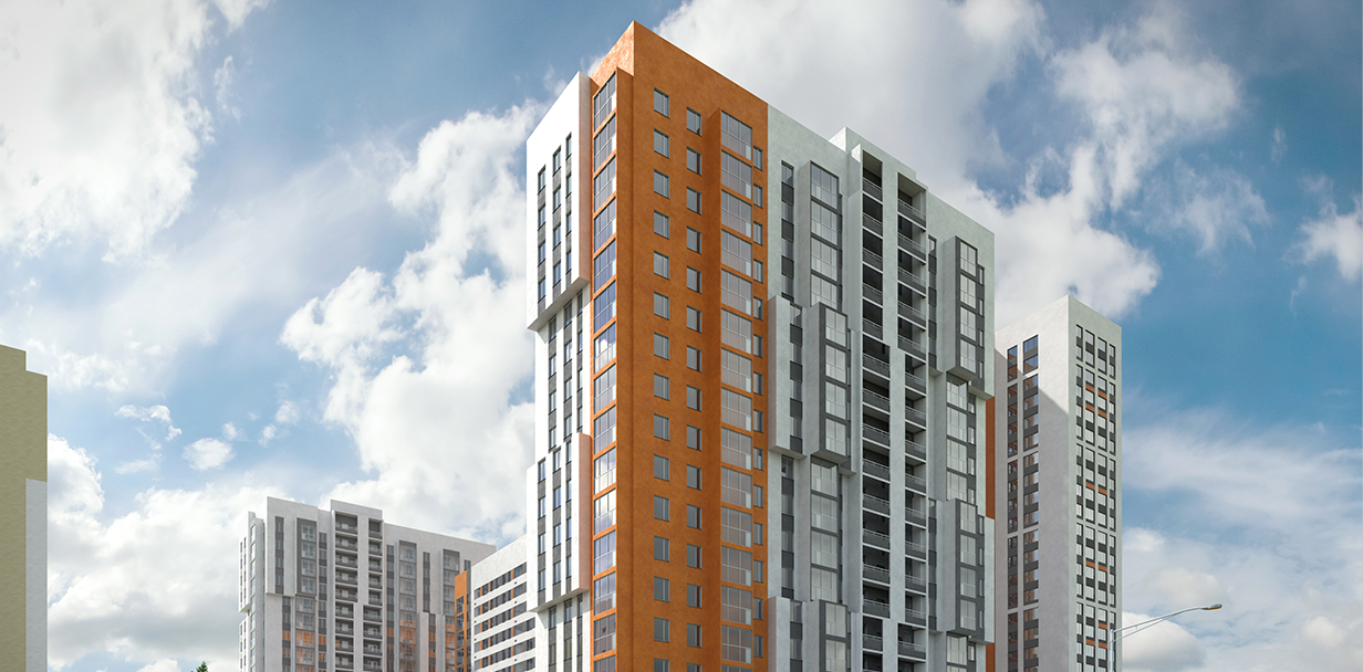 Бело-оранжевая гамма фасада притягивает взгляд