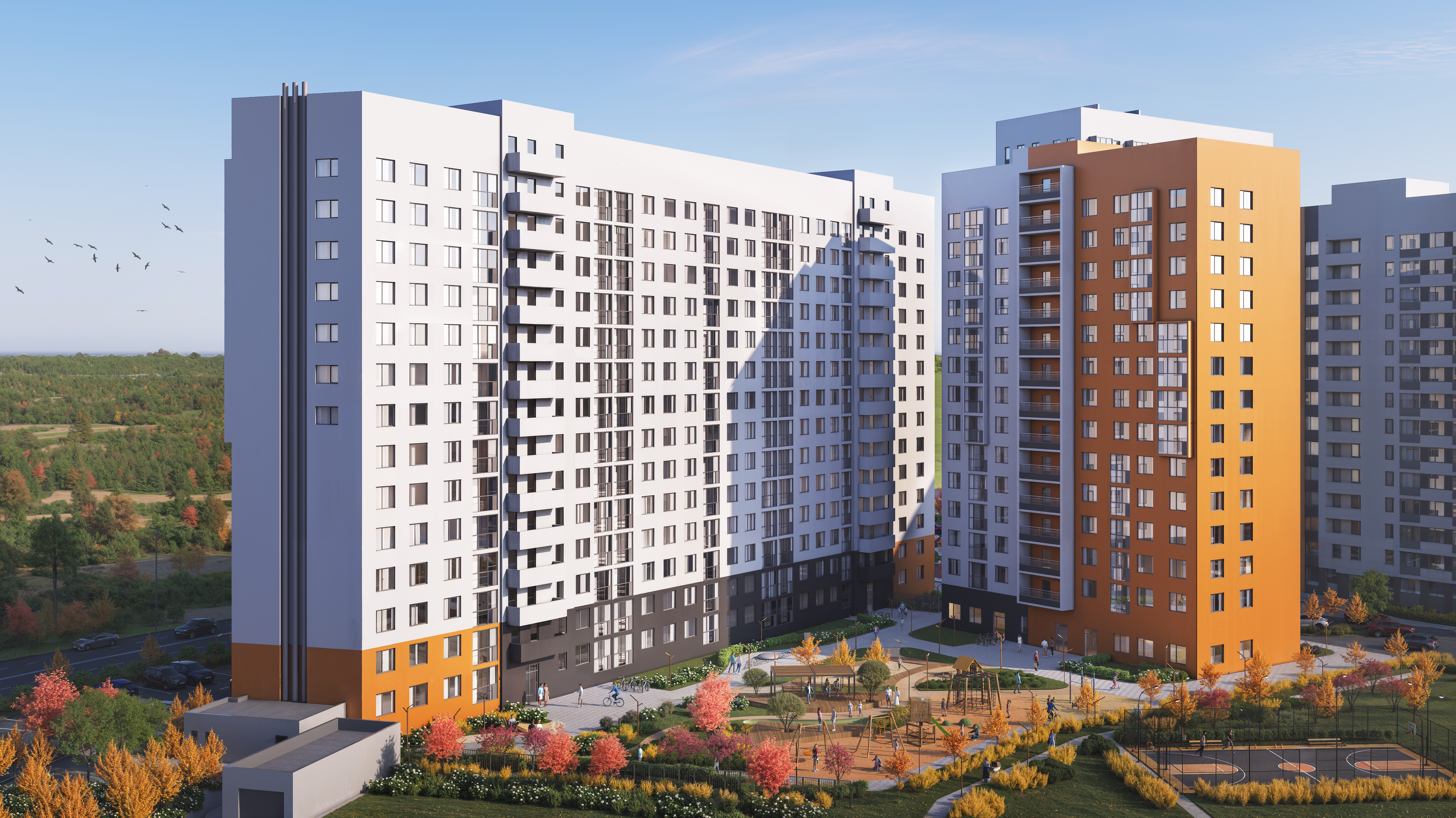 Бело-оранжевая гамма фасада притягивает взгляд