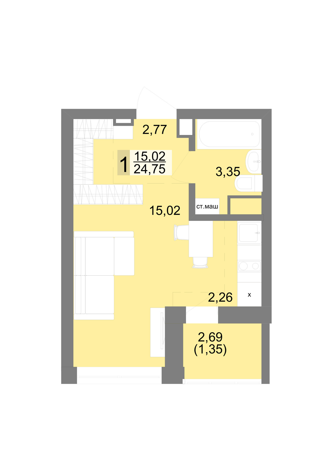 1 к. квартира (студия), ЖК «Новация», ул. Краснофлотцев, д. 40/2,  кв. 283, пд.1, эт. 21/27, 25,6 м², 5 194 000 ₽, 202 891 ₽/м²