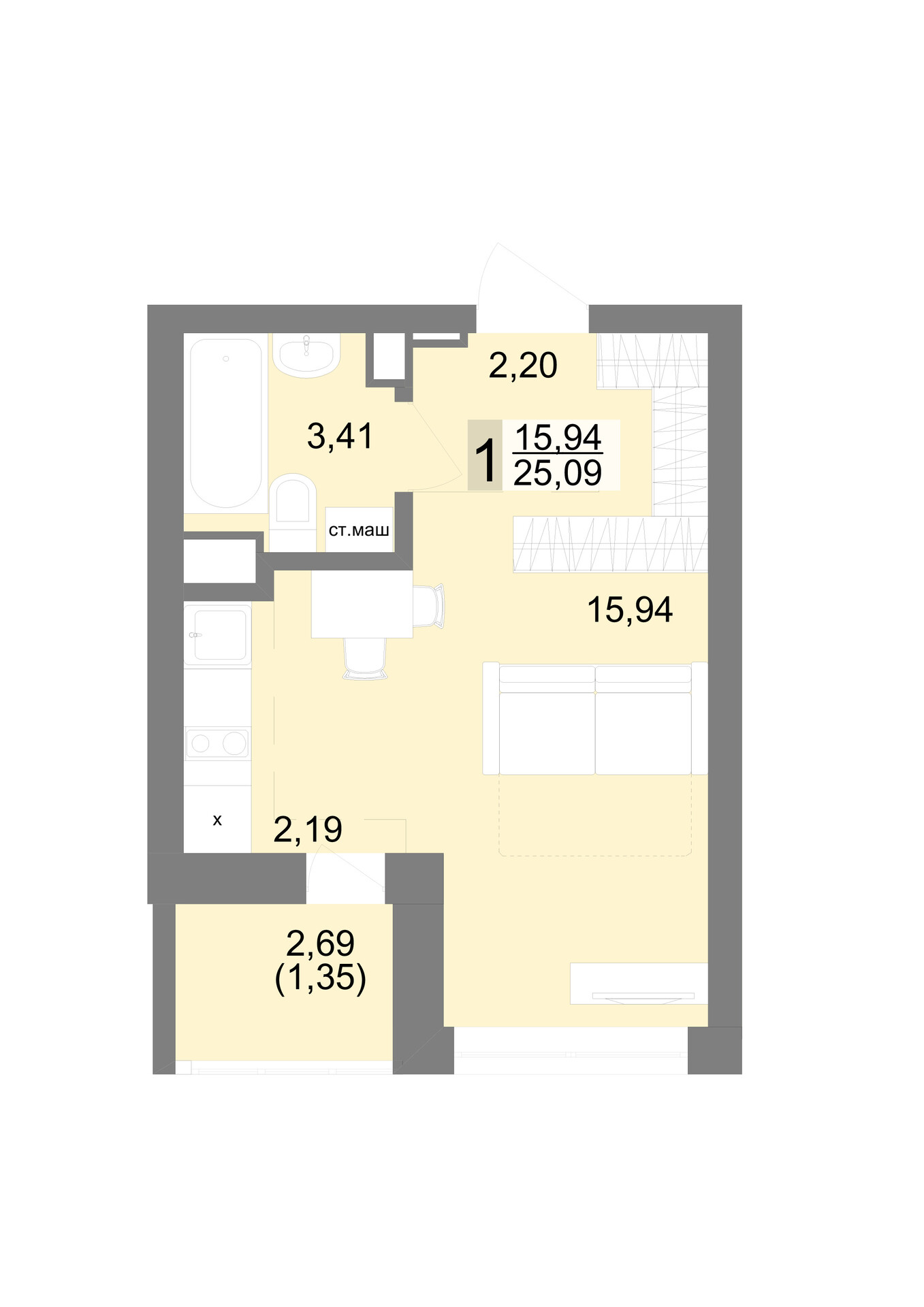 1 к. квартира (студия), ЖК «Новация», ул. Краснофлотцев, д. 40/2,  кв. 228, пд.1, эт. 17/27, 26 м², 5 325 418 ₽, 204 824 ₽/м²