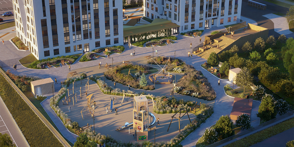 Зонированный двор с амфитеатром и скейт-рампой