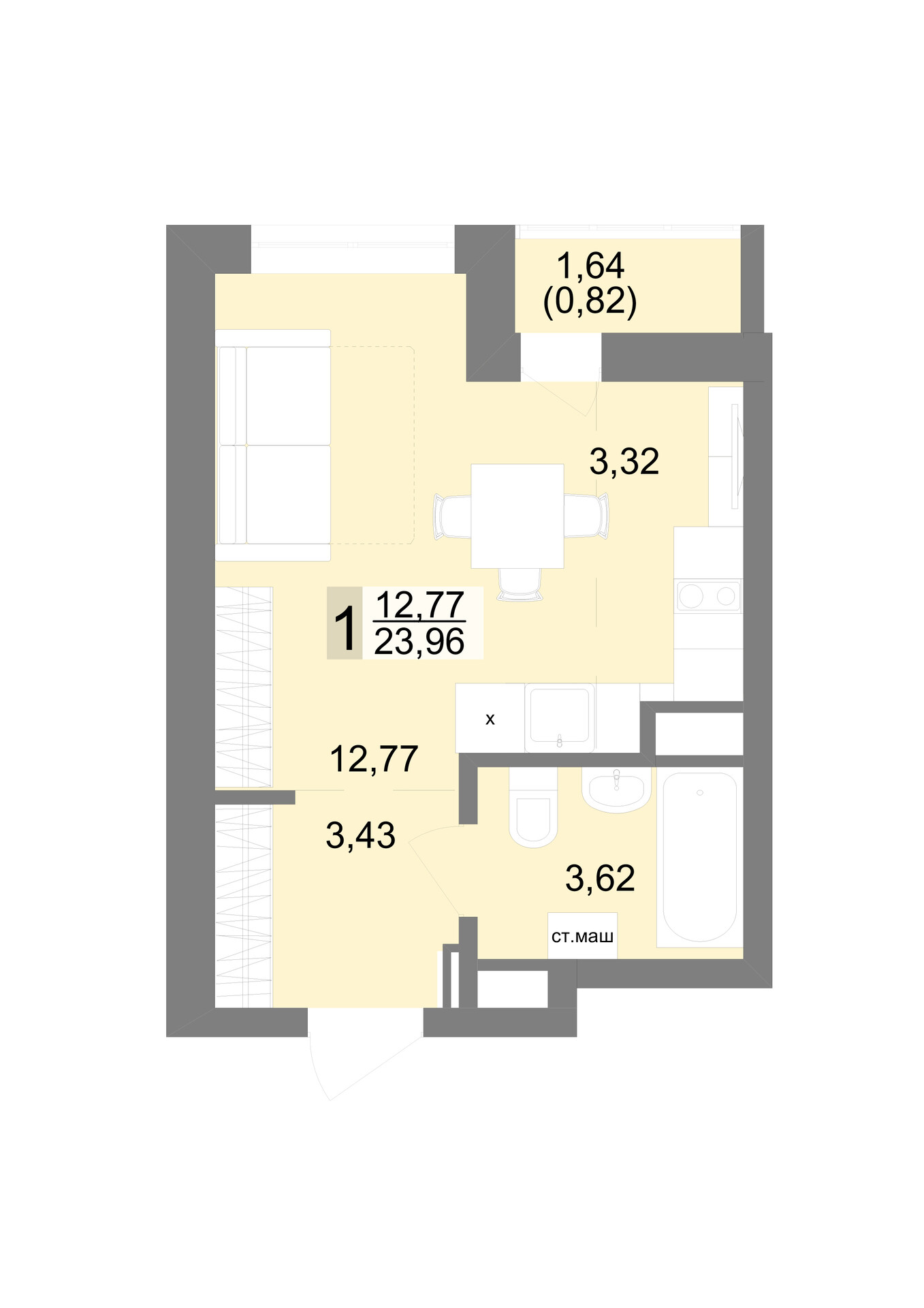 1 к. квартира (студия), ЖК «Новация», ул. Краснофлотцев, д. 40/2,  кв. 292, пд.1, эт. 22/27, 24,2 м², 4 913 000 ₽, 203 017 ₽/м²