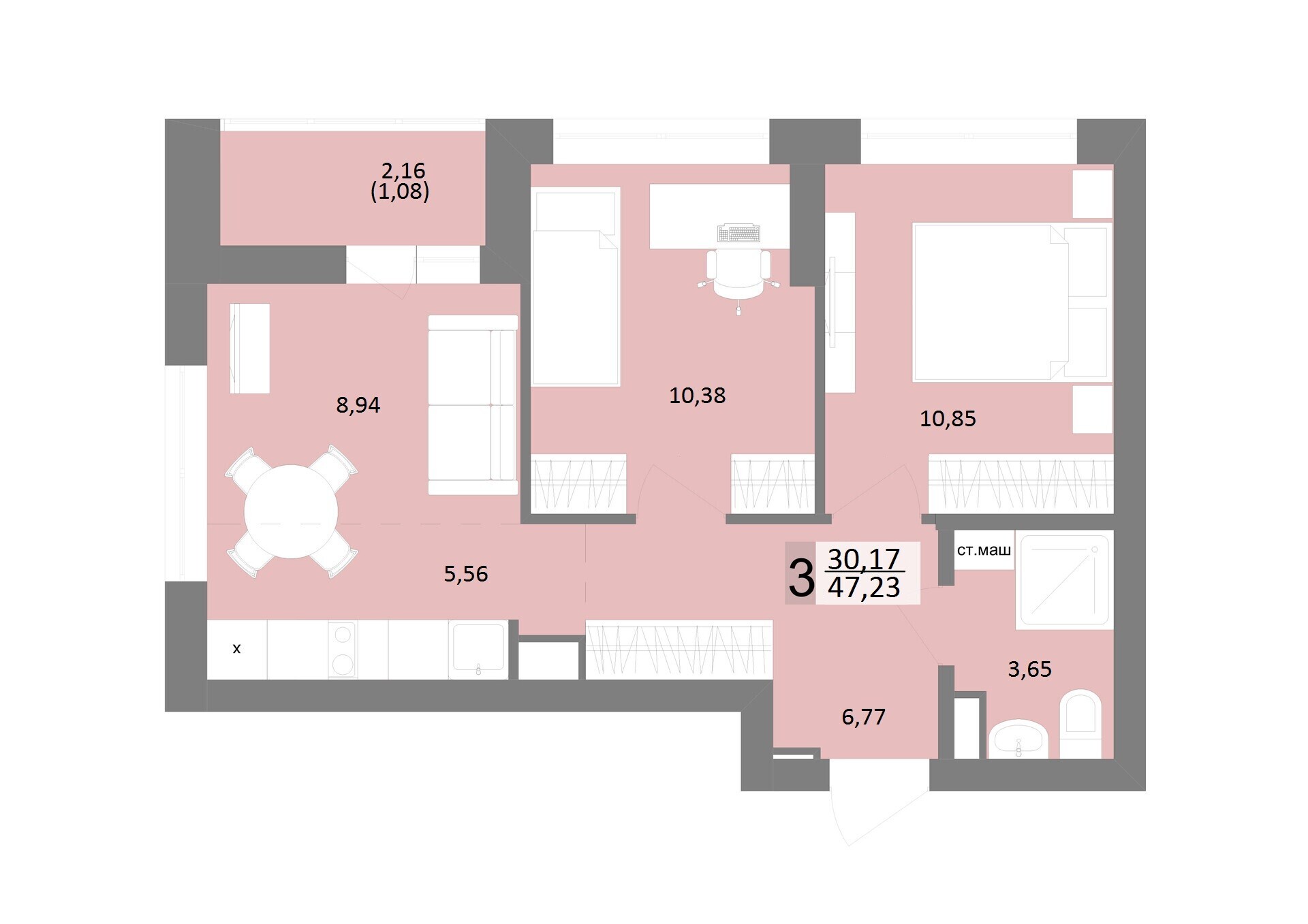 3 к. квартира, ЖК «Новация», ул. Краснофлотцев, д. 40/2,  кв. 345, пд.1, эт. 25/27, 47 м², 9 263 638 ₽, 197 099 ₽/м²