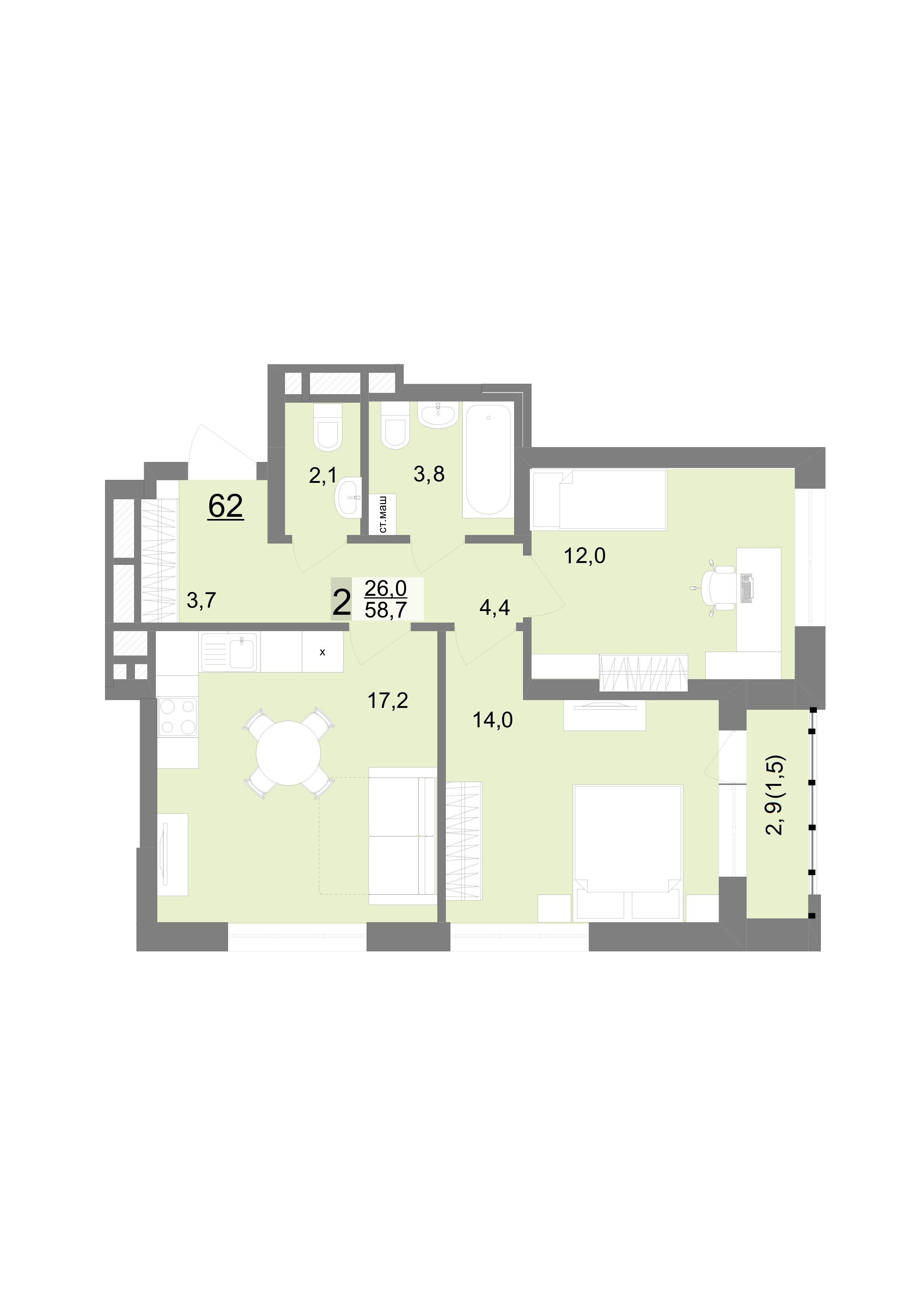 2 к. квартира, ЖК «Шаумяна 77», ул. Шаумяна, д. 77,  кв. 62, пд.1, эт. 10/23, 58,7 м², 12 400 000 ₽, 211 244 ₽/м²