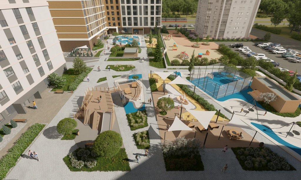 Большой двор с ландшафтным дизайном