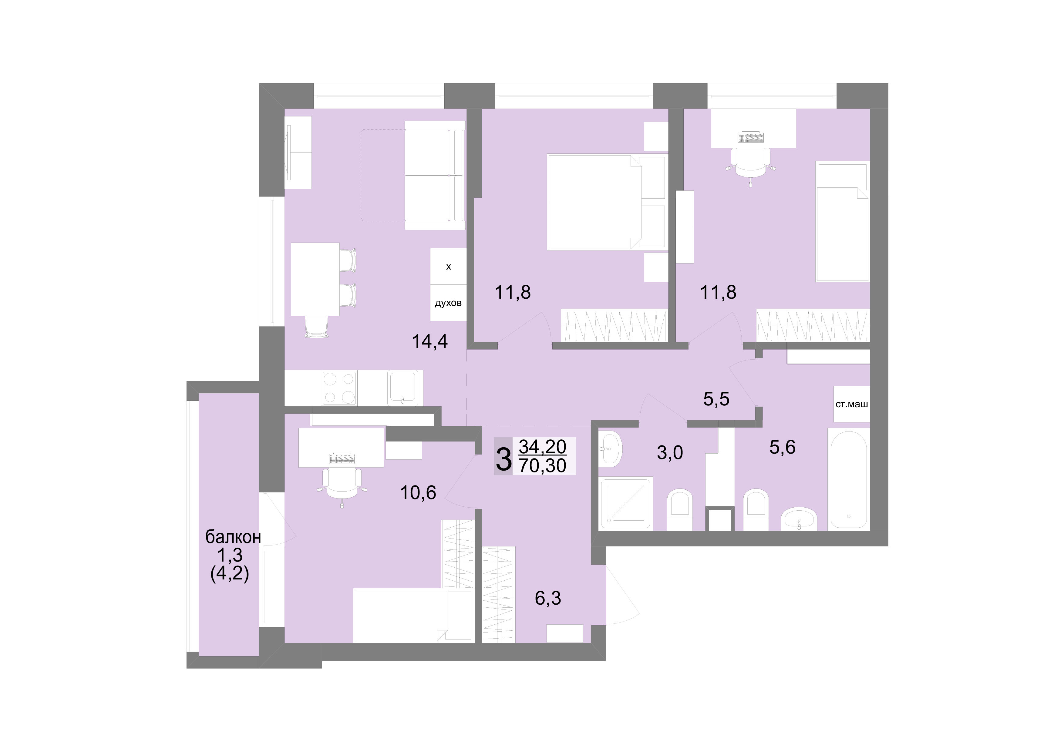 3 к. квартира, ЖК «На Тенистой» 5 очередь, ул. Тенистая, д. 9,  кв. 135, пд.1, эт. 13/22, 70,3 м², 10 201 303 ₽, 145 111 ₽/м²