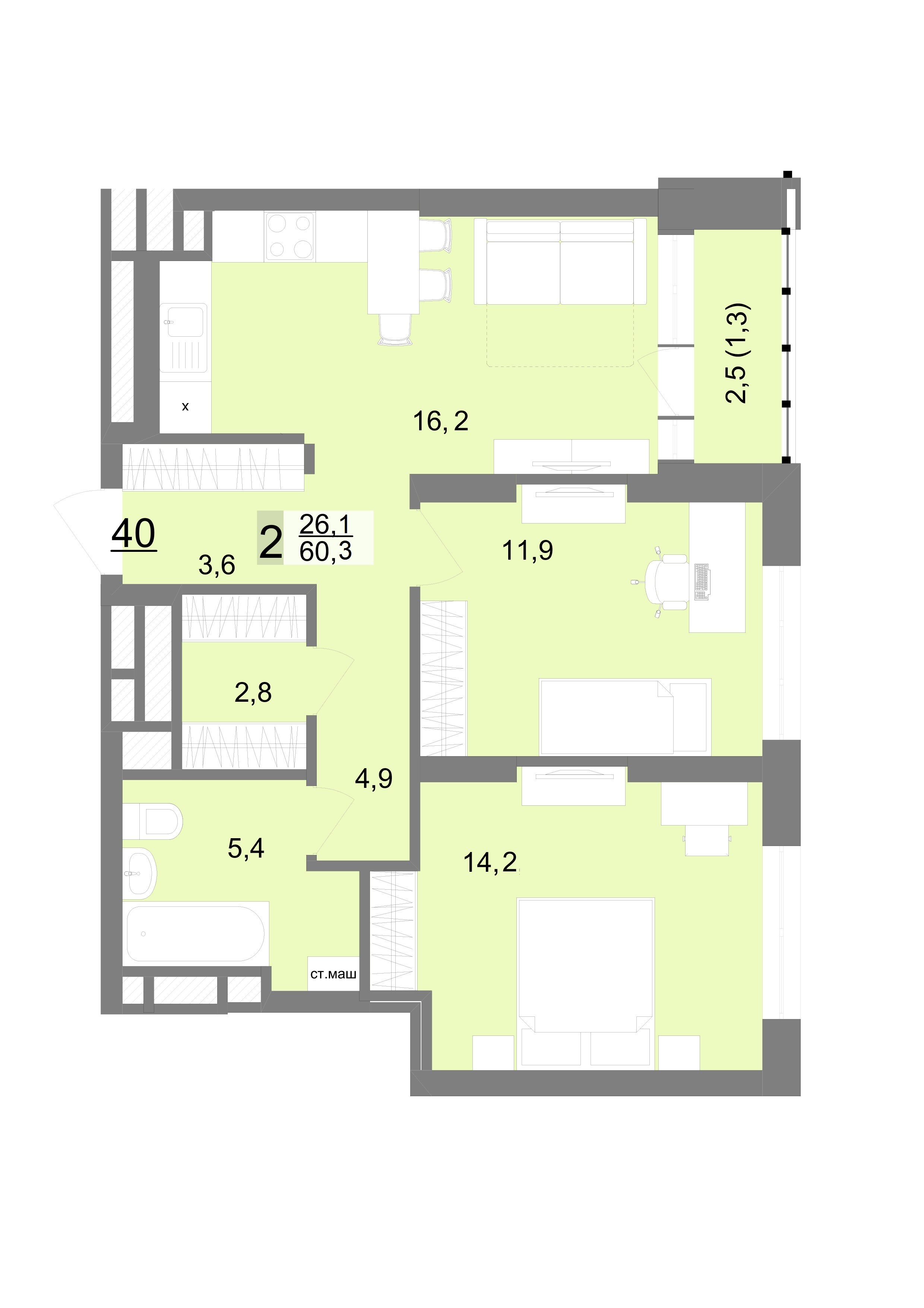 2 к. квартира, ЖК «Шаумяна 77», ул. Шаумяна, д. 77,  кв. 40, пд.1, эт. 7/23, 60,3 м², 12 300 000 ₽, 203 980 ₽/м²